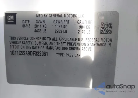 2013 Chevrolet Malibu 1Lt z USA, uszkodzony, nr VIN 1G11C5SA9DF332061